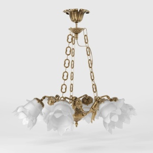 Candelabru 6 brate din alama cu abajur din sticla Putti