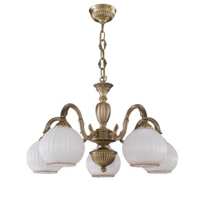 Candelabru cu 5 brate clasic design italian din alama, sticla 9200 RA-L. 9200/5