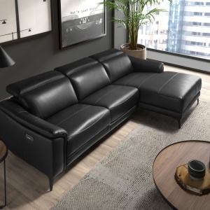 Coltar LUX design italian cu sezlong dreapta si functia relax Cowhide negru - Img 6