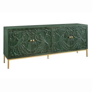 Comoda PEACOCK 175cm lemn de mango verde sculptat 3D cu design paun