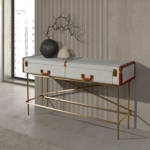 Consola LUX design italian, Tesatura gri deschis, Piele, Metal Golden - Img 4