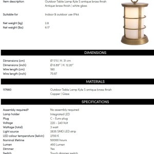 Lampa de masa pentru exterior, Protectie IP44, Kyle S 189962 universul-luminii.ro