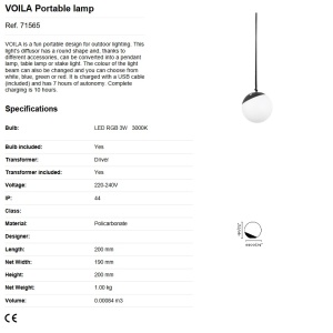 Lampa LED RGB portabila iluminat exterior decorativ IP44 VOILA 189692 universul-luminii.ro