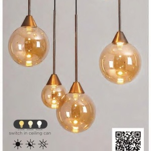 Lustra cu 6 pendule, Opus Lux, Sticla Amber si Metal Bronz, LED CCT - Img 4