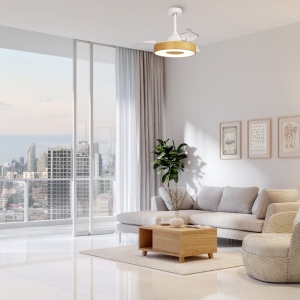 Lustra LED cu ventilator palete retractabile Coin Fan Mini lemn