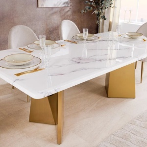 Masa design modern, Metal, Auriu, Marmura, Alb, EXTRAVAGANCIA 200cm, A-45929 VC - Img 5