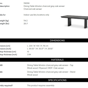 Masa Dining din Lemn, MDF furniruit, Gri Carbune, Winston 230x100cm - Img 2