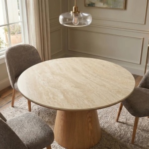 Masa rotunda Ceramica travertin, Furnir stejar, UNIQUE 120cm - Img 3