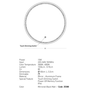 Oglinda rotunda baie cu iluminat LED 15W 3000K-4000K IP44 negru - Img 4