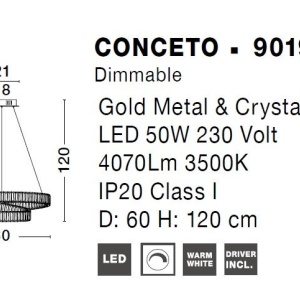 Pendul LED dimabil, cristal design elegant CONCETO auriu 60cm - Img 3