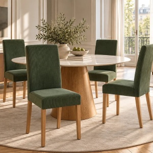 Set de 4 scaune GENUA cu picioare din lemn de mango si catifea raiata verde - Img 3