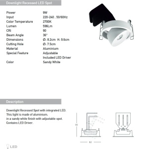 Spot LED reglabil Trimless 9W 2700K alb - Img 2