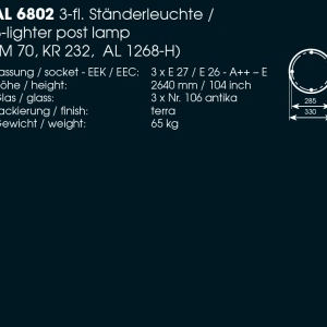 Stalp iluminat exterior design medieval cu felinar rotund si acoperis nituit, din fier forjat, inaltime 198cm, AL 6002 64012 universul-luminii.ro
