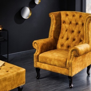 Suport picioare clasic stil englezesc Chesterfield, catifea galben mustar - Img 4