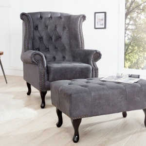 Taburet/ Suport picioare clasic stil englezesc Chesterfield gri antic - Img 5