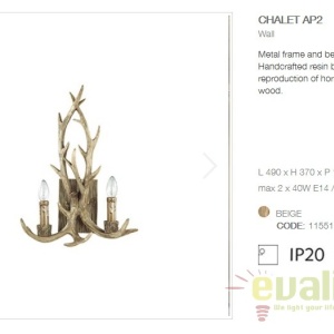 Aplica de perete rustica cu brate in forma de coarne de cerb, fabricat manual, CHALET AP2 115511 59393 universul-luminii.ro