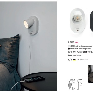 Aplica perete moderna cu USB charger CORB alba 40135 89923 universul-luminii.ro