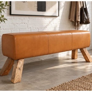 Bancheta din lemn si piele Turnbock 120cm