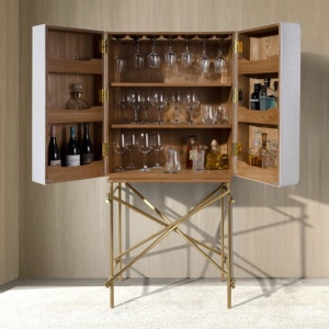 Bufet inalt LUX design italian, Tesatura gri deschis, Piele, Metal Golden - Img 5