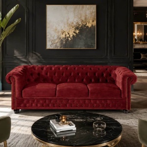 Canapea clasica stil englezesc CHESTERFIELD 205cm, catifea rosie
