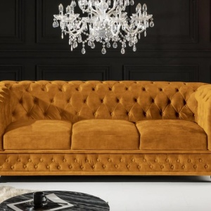 Canapea clasica stil englezesc Chesterfield 3 locuri, galben mustar - Img 2
