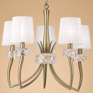 Candelabru clasic cu 5 brate LOEWE antique brass/ abajur alb 219803 universul-luminii.ro