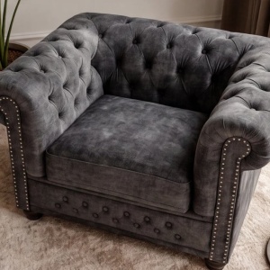 Fotoliu clasic stil englezesc Chesterfield, catifea gri antic - Img 6