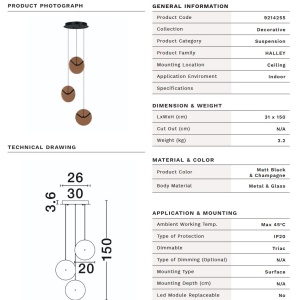 Lustra cu 3 pendule LED metal negru cu sticla champagne, HALLEY - Img 10