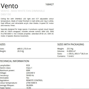 Lustra LED cu Ventilator si telecomanda, lame retractabile Vento alb 149993 universul-luminii.ro