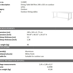 Masa pentru interior si exterior Bell Rive alb, 240x103cm 112849 HZ - Img 2