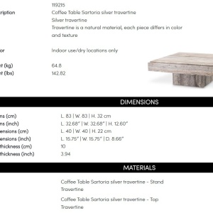 Masuta de Cafea Design LUX, Travertin, Silver, Sartoria, 83x83cm - Img 2