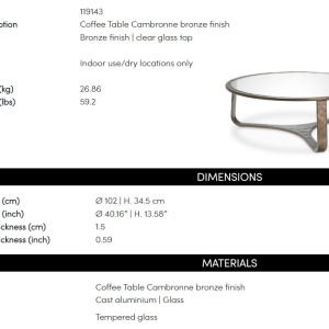 Masuta de cafea LUX din Aluminiu, Sticla, Cambronne 102cm - Img 7