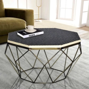 Masuta de cafea rotunda, Mozaic incrustat, Alb-Negru, DIAMOND BONE INLAY 70cm - Img 4