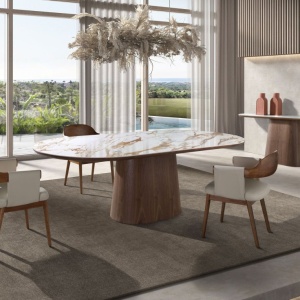 Scaun dining imitatie de piele crem si lemn Walnut - Img 8