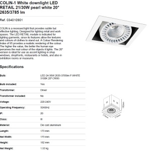 Spot LED incastrabil COLIN-1 20° RETAIL 21/30W pearl white 034010901 49263 universul-luminii.ro