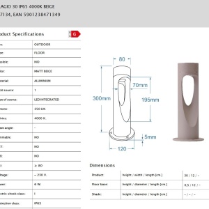 Stalp de exterior VILAGIO 30 IP65 LED 4000K bej - Img 2