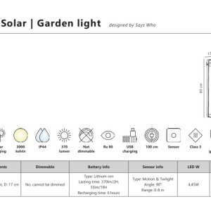 Stalp solar cu senzor de miscare, protectie IP44, Saulio negru 244203 universul-luminii.ro