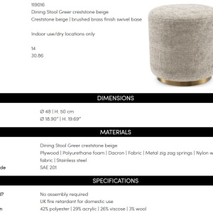 Taburete modern design LUX Chair Greer, Creststone beige - Img 8
