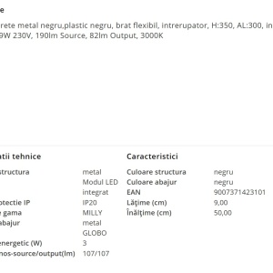 Aplica cu reader LED brat flexibil MILLY negru 202994 universul-luminii.ro