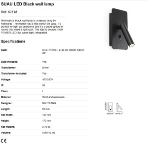 Aplica cu reader LED minimalista SUAU neagra 62118 83424 universul-luminii.ro