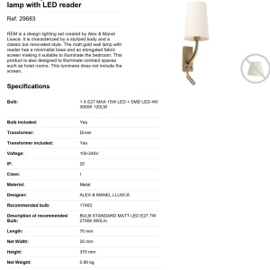 Aplica perete cu reader LED design clasic REM auriu/alb 190144 universul-luminii.ro