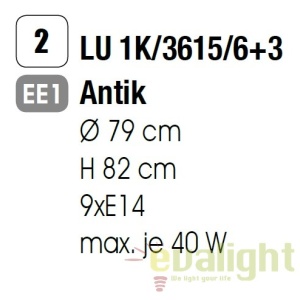 Candelabru design rustic cu 9 brate Rusticka LU 1K/3615/6+3 Antik OR - Img 3