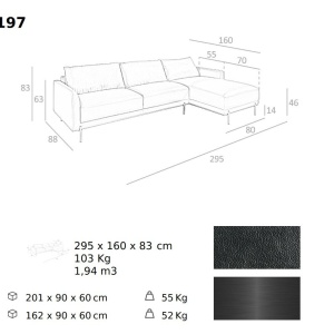 Coltar LUX 5 locuri design italian cu sezlong dreapta Cowhide black - Img 9