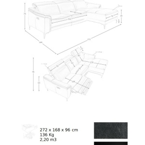 Coltar LUX design italian cu sezlong dreapta si functia relax Cowhide negru - Img 10