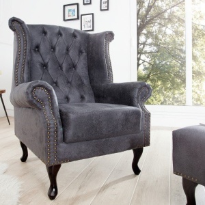 Fotoliu clasic stil englezesc Chesterfield gri antic - Img 4