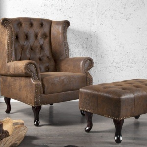 Fotoliu clasic stil englezesc Chesterfield maro antic - Img 4