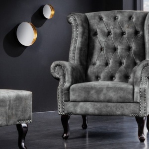 Fotoliu stil englezesc Chesterfield, catifea gri - Img 3