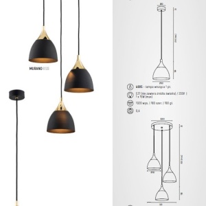 Lustra cu 3 pendule design modern Murano negru, alama 30cm 211094 universul-luminii.ro