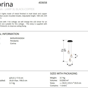 Lustra cu 3 pendule LED design modern Corina negru/ cupru 84034 universul-luminii.ro