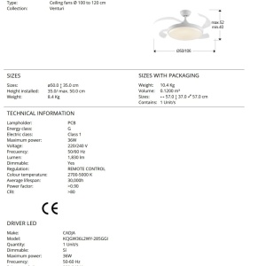 Lustra LED cu Ventilator si telecomanda, lame retractabile Venturi alb 230474 universul-luminii.ro